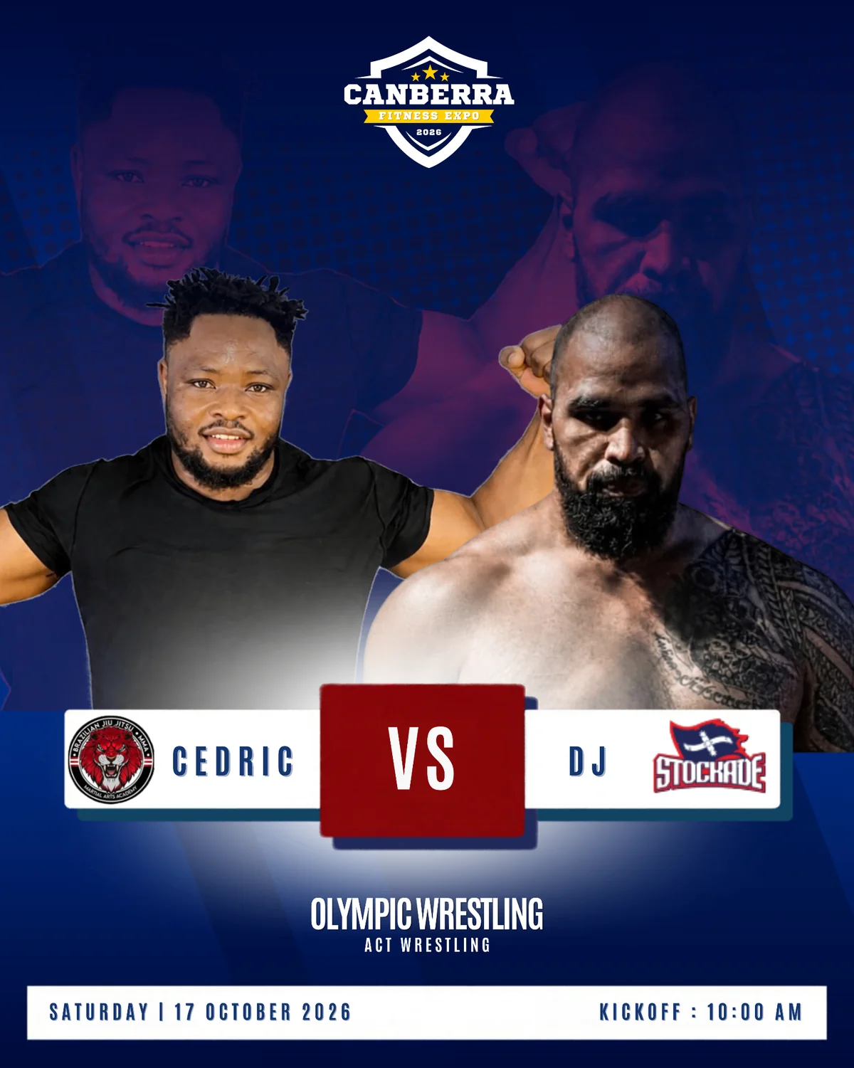 Official featured matchup poster: Cedric vs DJ, Olympic Wrestling, Saturday 17 October 2026, kickoff 10:00 AM