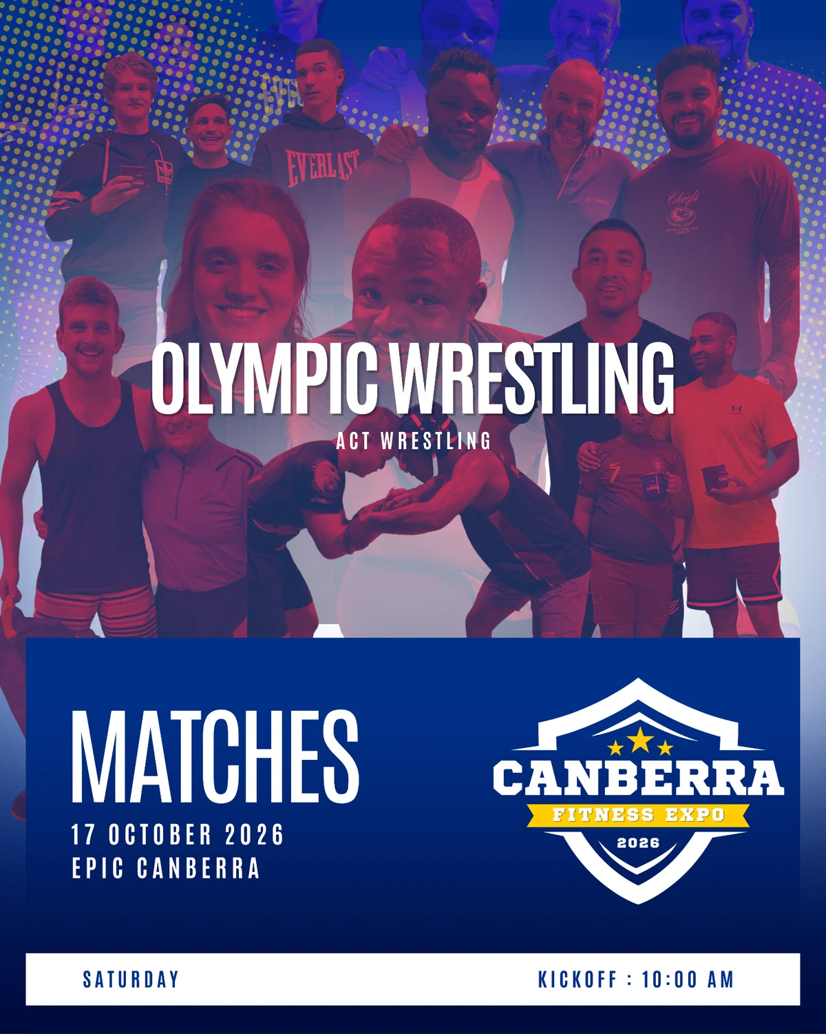 Official Olympic Wrestling poster — ACT Wrestling, Saturday 17 October 2026 at EPIC Canberra, kickoff 10:00 AM