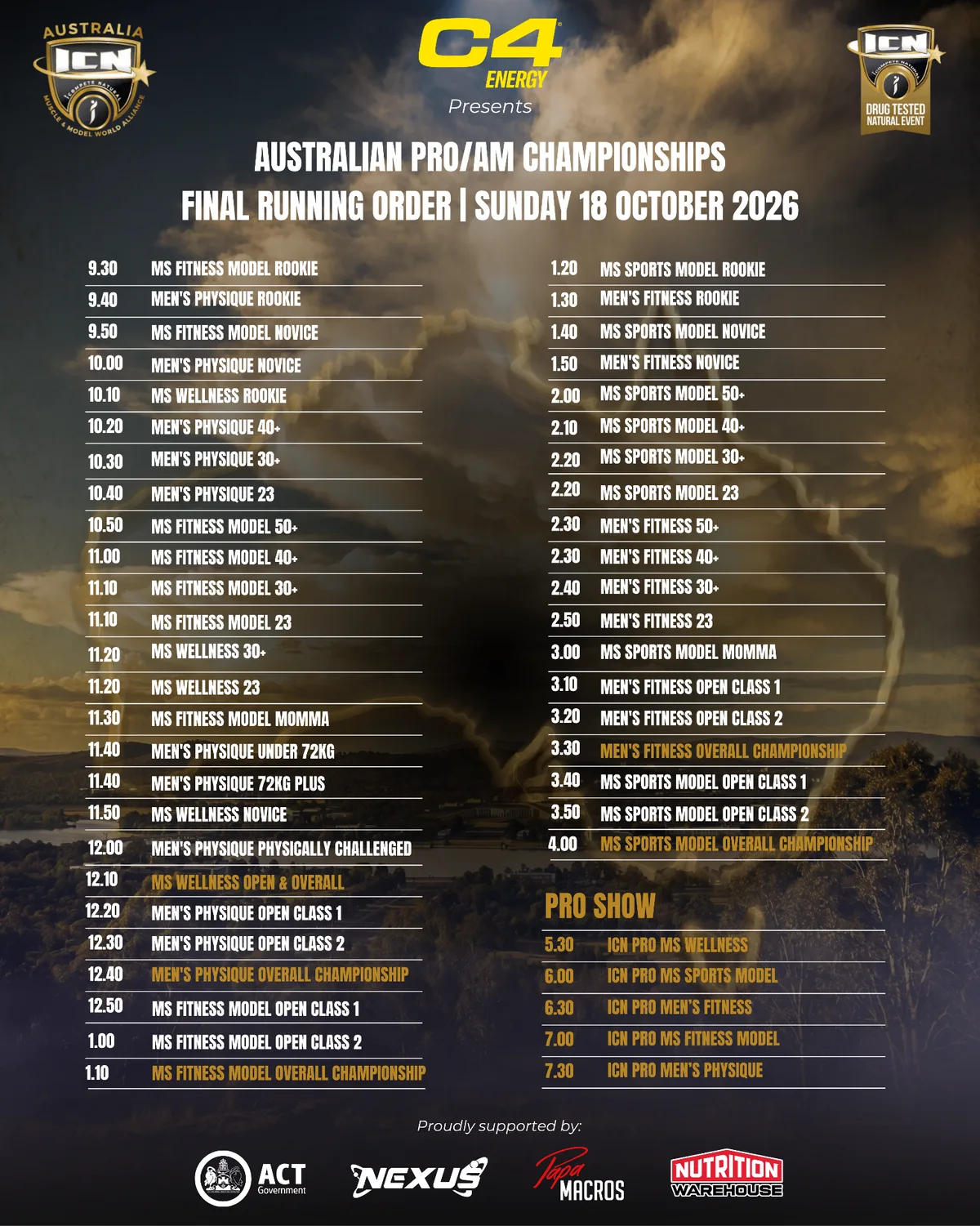 Official final running order poster for the Australian Pro/AM Championships, Sunday 18 October 2026