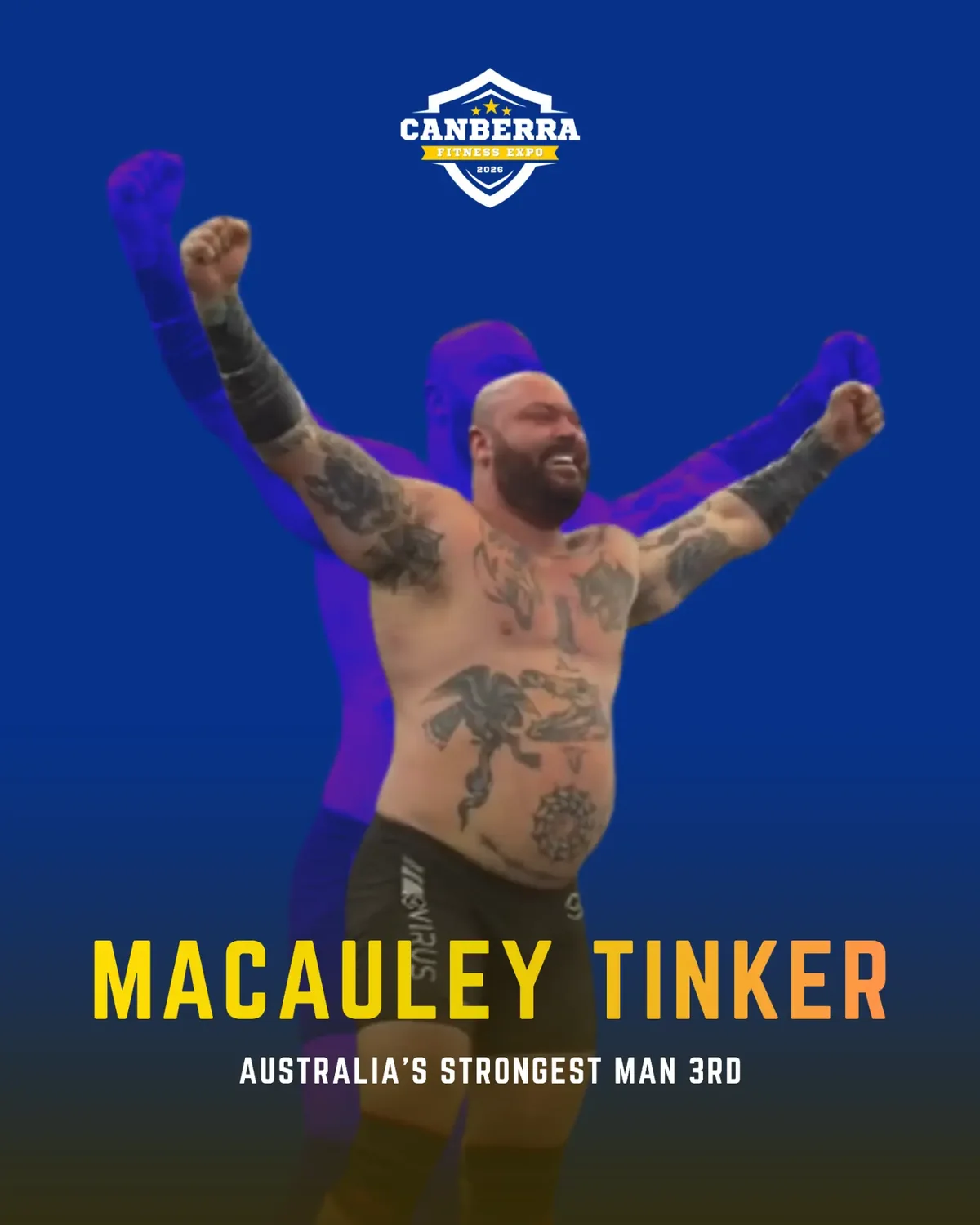 Official athlete poster for Macaulay Tinker, third-place finisher in Australia's Strongest Man