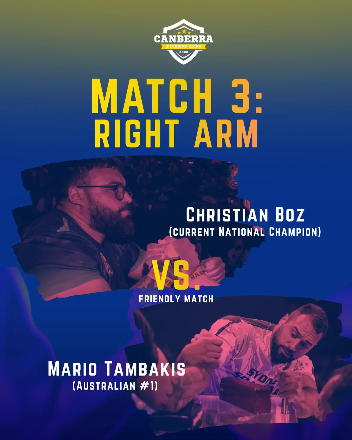 Official poster for Supermatch 3: Christian Boz versus Mario Tambakis, featured friendly match, right arm