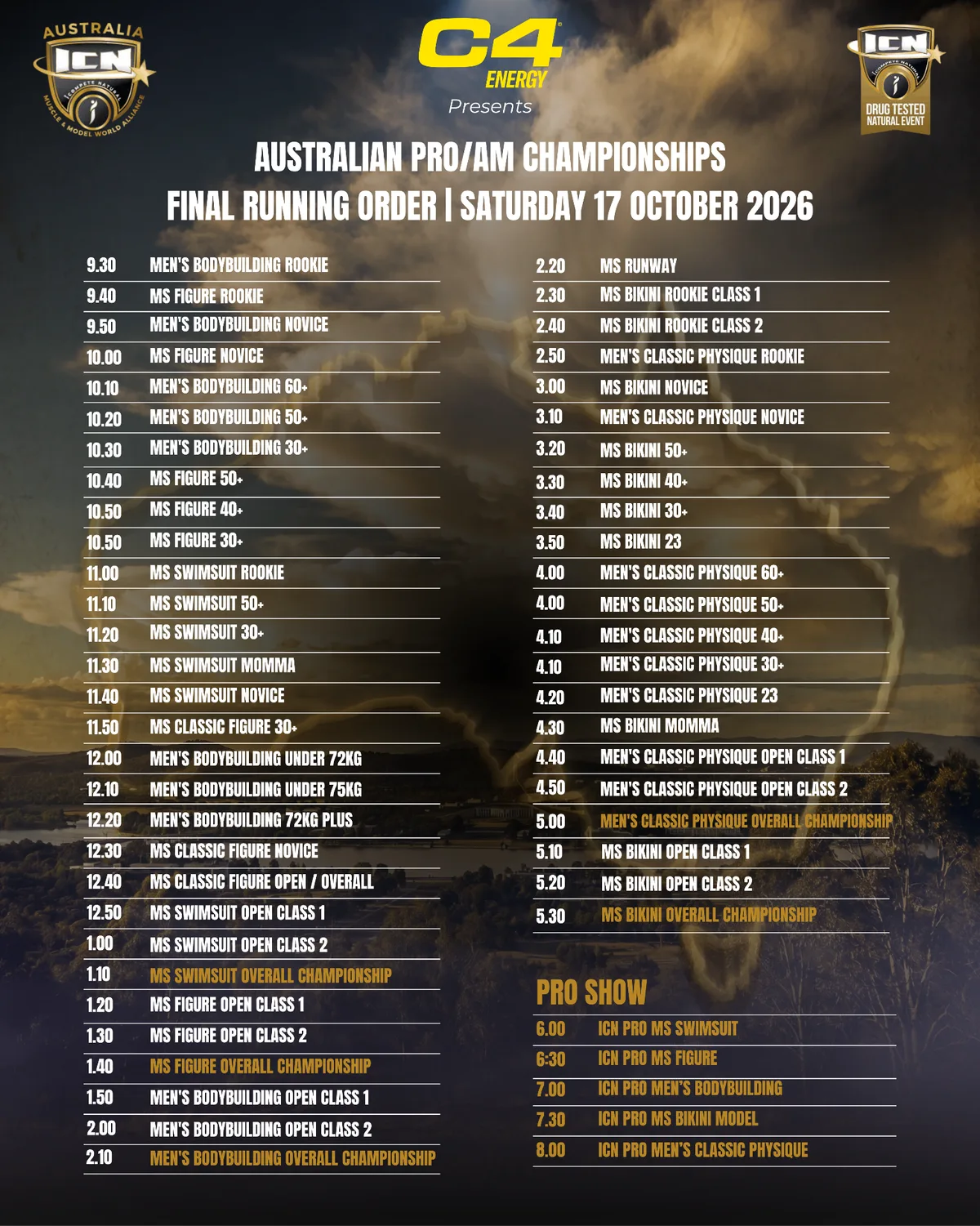 Official final running order poster for the Australian Pro/AM Championships, Saturday 17 October 2026